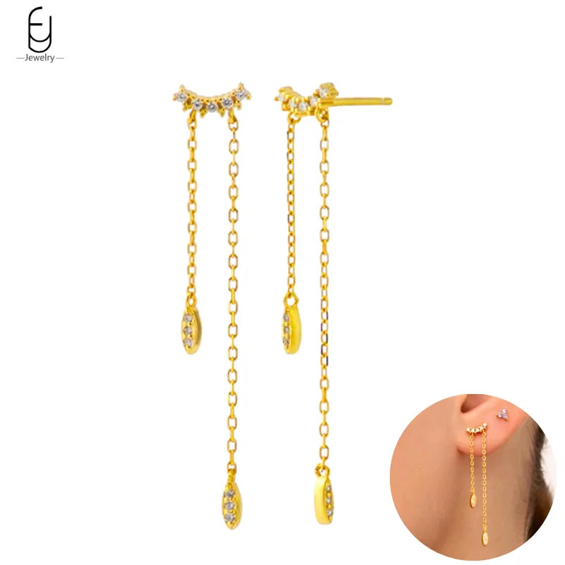 925 Sterling Silver Gold Tassel Earrings - Vintage Crystal Long Chain Hoop Jewelry for Women