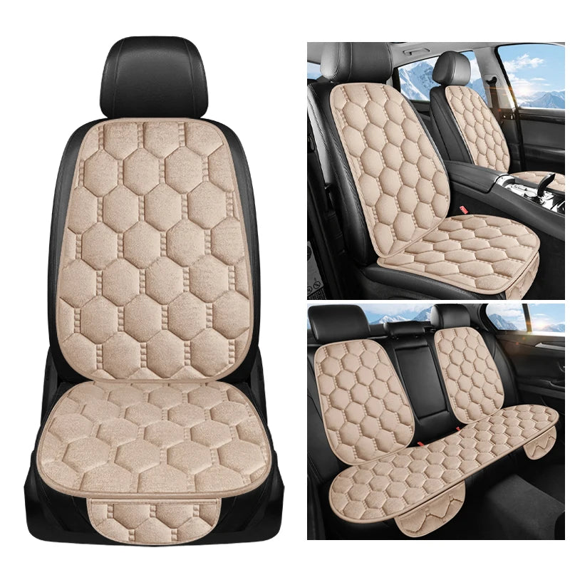 Winter Plush Car Seat Cushion Set - Warm Anti-Slip Grid Seat and Backrest Covers, 3-Piece Set for Cold Weather Comfort