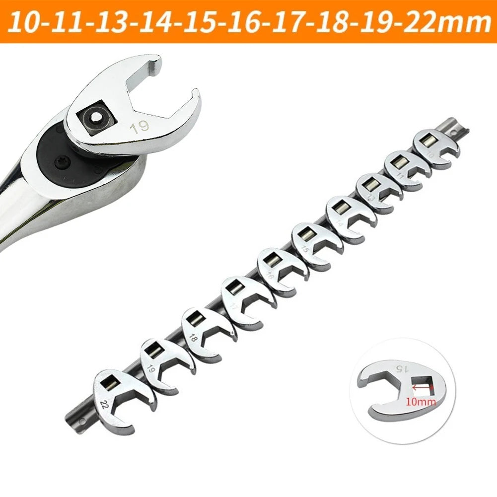 10pcs 3/8" Drive Crowfoot Wrench Set — 10-22mm Metric Open-End Spanners for Torque Wrenches