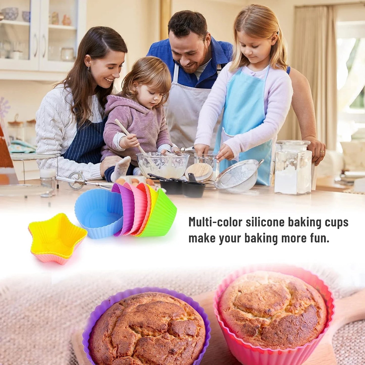 24Pcs Colorful Silicone Cupcake Liners - Reusable Baking Cups for Nonstick, Easy Clean Pastry Muffin Molds - 4 Shapes