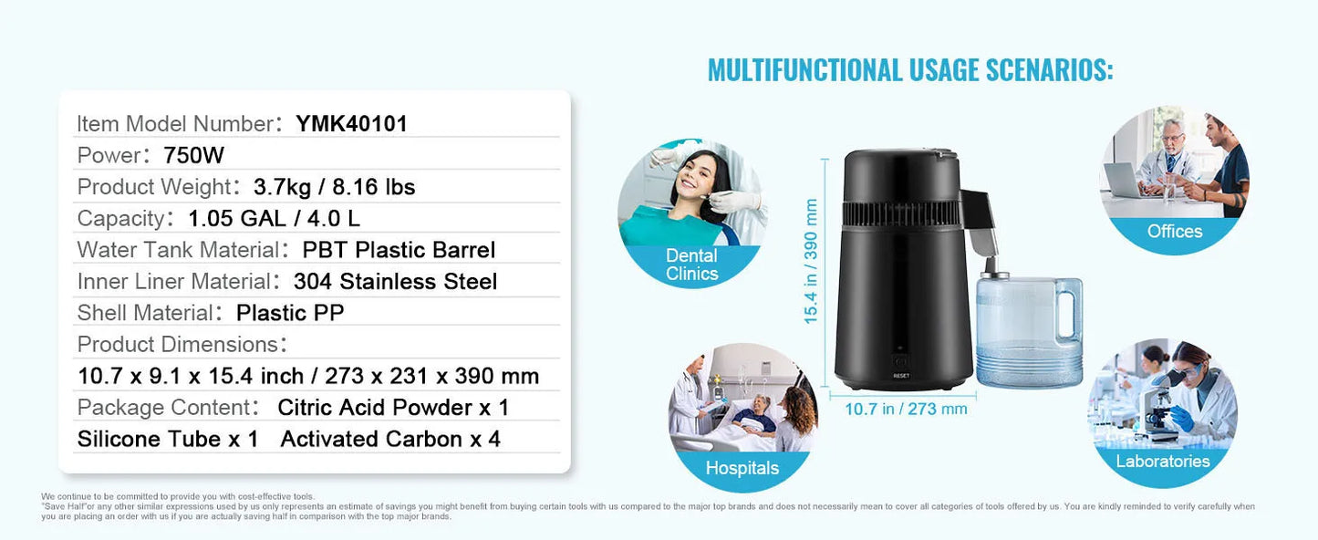 SucceBuy 4L Water Distiller – 1.05 Gallon Countertop Pure Water Purifier with 750W Filter