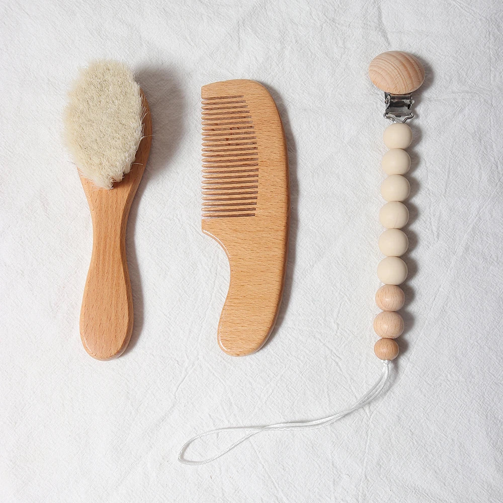 Baby Hair Care Gift Set - Natural Wool Brush, Wooden Comb, Bib and Pacifier Clip for Newborns