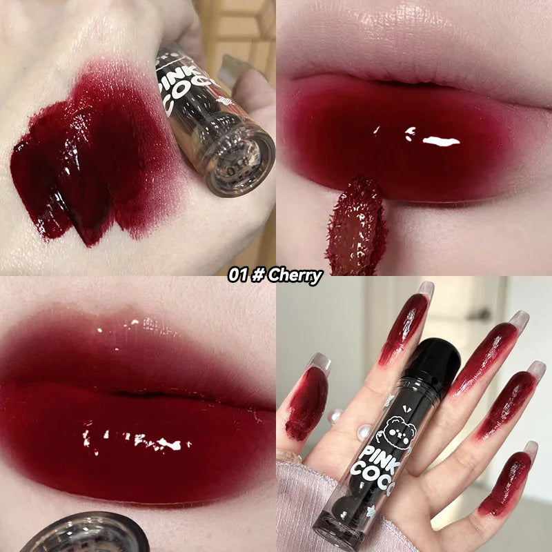 PINKCOCO Bear Doodle Mirror Lip Glaze β Long-Lasting Shiny Nude Lip Gloss, Skin-Brightening Student-Friendly Lipstick