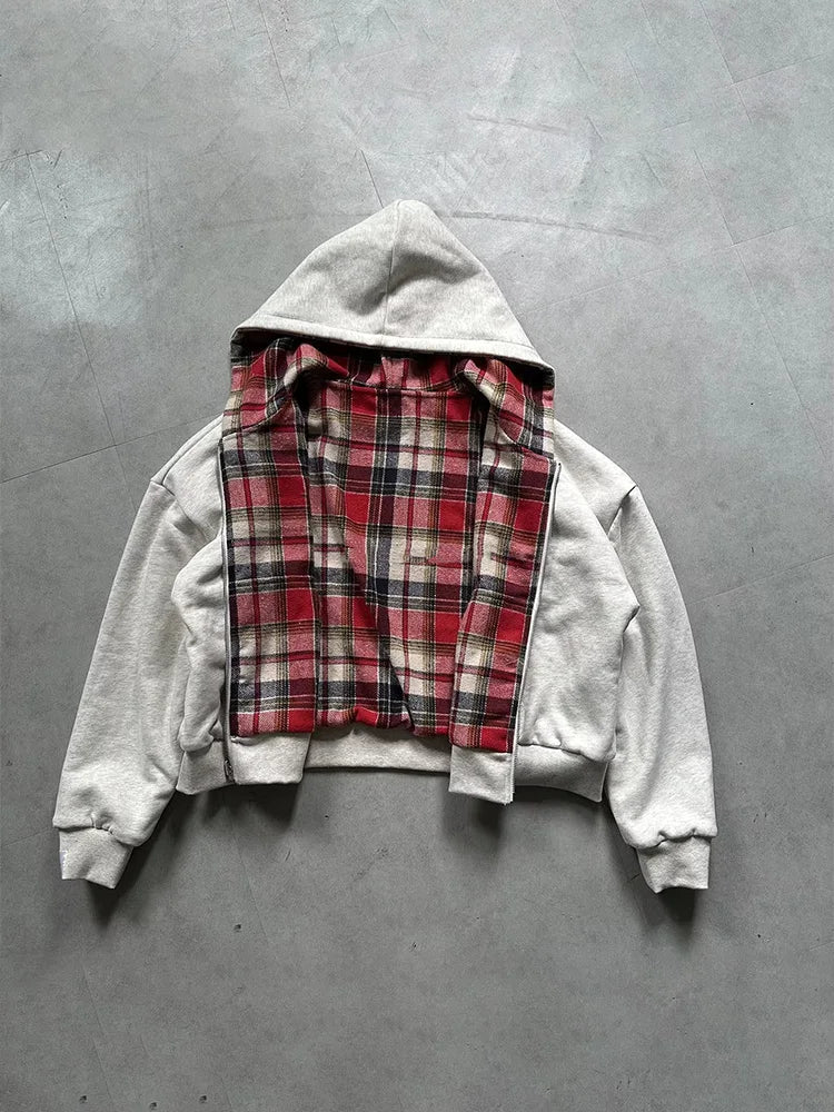 Women's Winter Plaid Hoodie - Warm Reversible Zip-Up Loose Fit Casual Sweatshirt