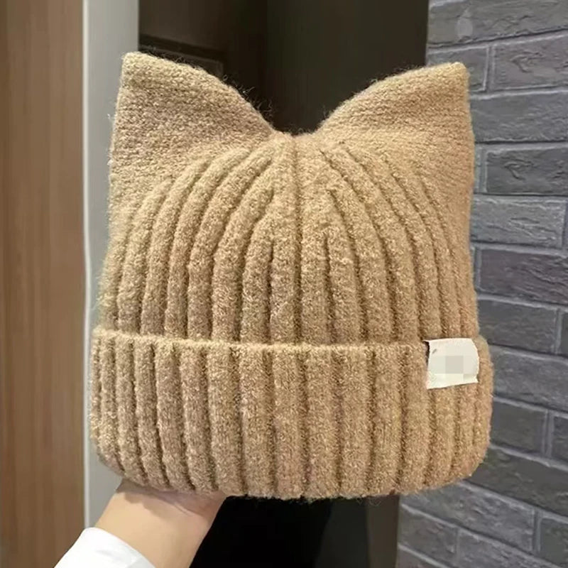 Cute Cat Ears Beanie for Women β Warm Autumn Winter Knitted Hat, Sweet Ear Protection Pullover