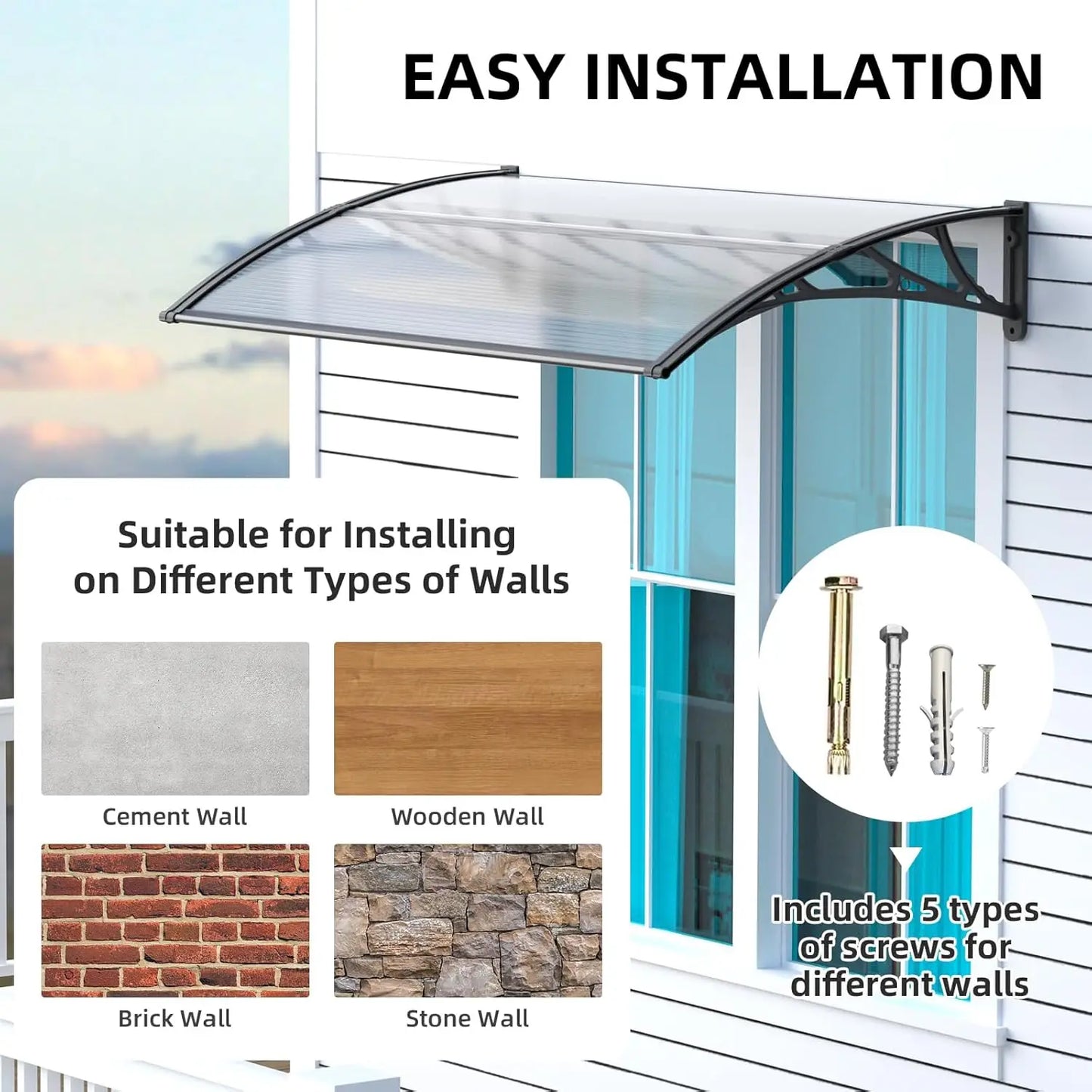 Polycarbonate Outdoor Awning - Waterproof DIY Canopy Roof Cover for Doors, Windows & Patios