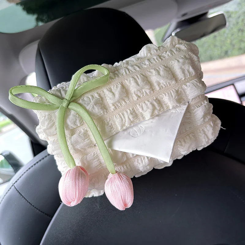Car Tulip Puff Tissue Box - Creative Hanging Tissue Holder for Car Interior & Armrest
