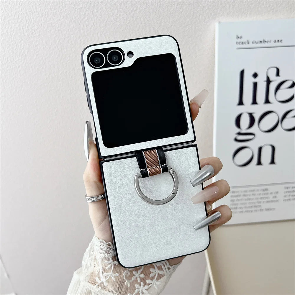 Ultra-Thin Ring Holder PU Leather Luxury Case for Samsung Galaxy Z Flip 6 / 5 / 4 / 3 β Slim Flip Phone Protective Cover with Kickstand Grip Design