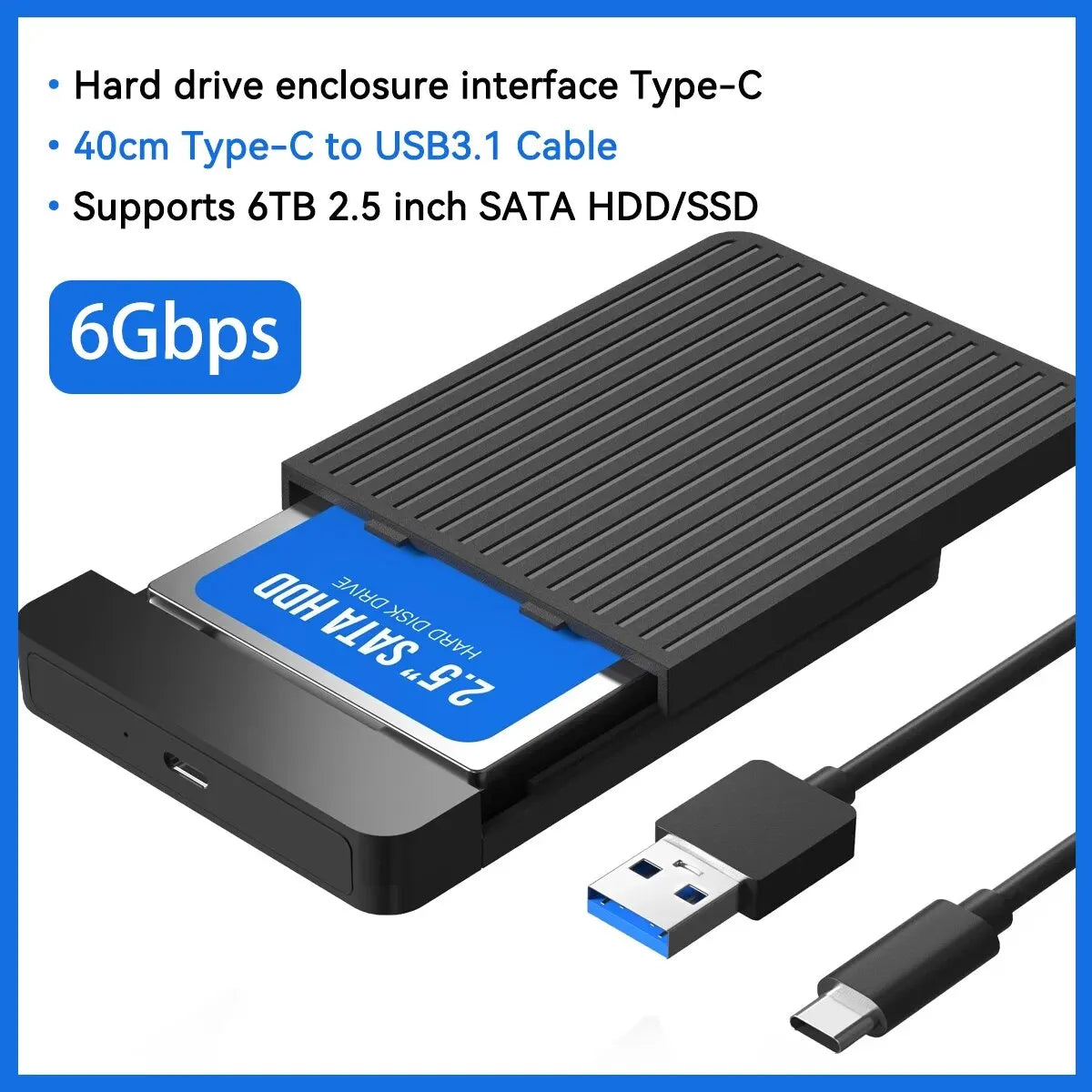2.5" SATA to USB 3.1/3.0 HDD/SSD Enclosure Case – 6Gbps External Hard Drive Adapter with USB-C Support for Fast Data Transfer