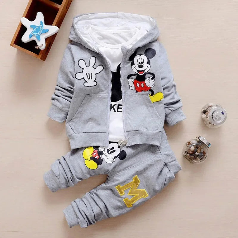 Boys Spring & Autumn Clothing Set – Mickey Cotton Hooded Coat, T-shirt & Pants 3PCS Casual Sportswear