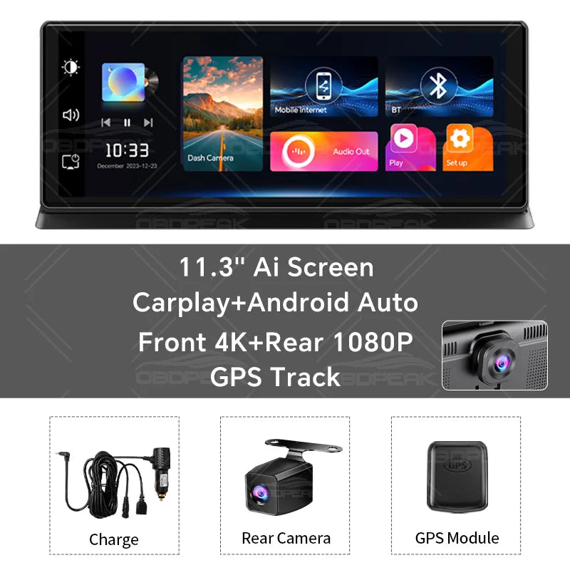 K2 Pro 11.3" 4K Dash Cam β Car DVR with Wireless CarPlay, Android Auto, 5G WiFi & GPS Navigation