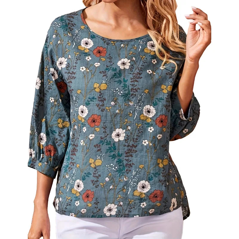 Plus Size Women's Floral Print Shirt - Loose Round Neck Lantern Sleeve Casual Office Top