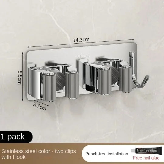 Non-Perforated Stainless Steel Mop Holder β Wall-Mounted Broom & Mop Clamp Hook for Bathroom & Door Storage