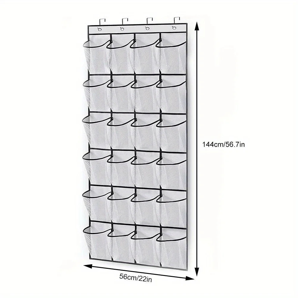 24-Grid Wall-Mounted Shoe Organizer – Fabric Closet Storage Rack with Mesh Pockets, Clear Hanging Over-the-Door Cloth Bag