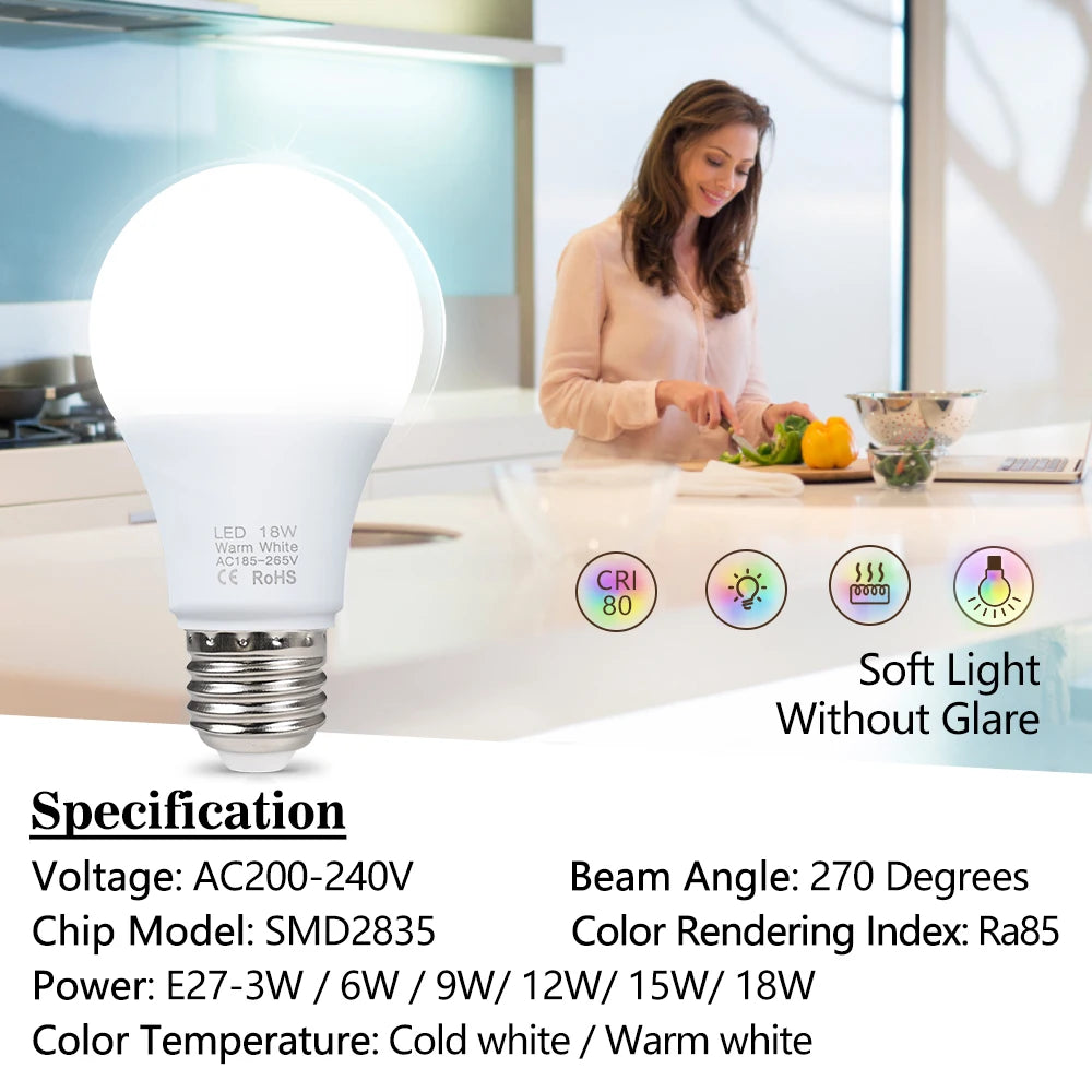 E27 LED Light Bulbs - 3W–18W AC 220V–240V High Brightness Smart IC Lamps