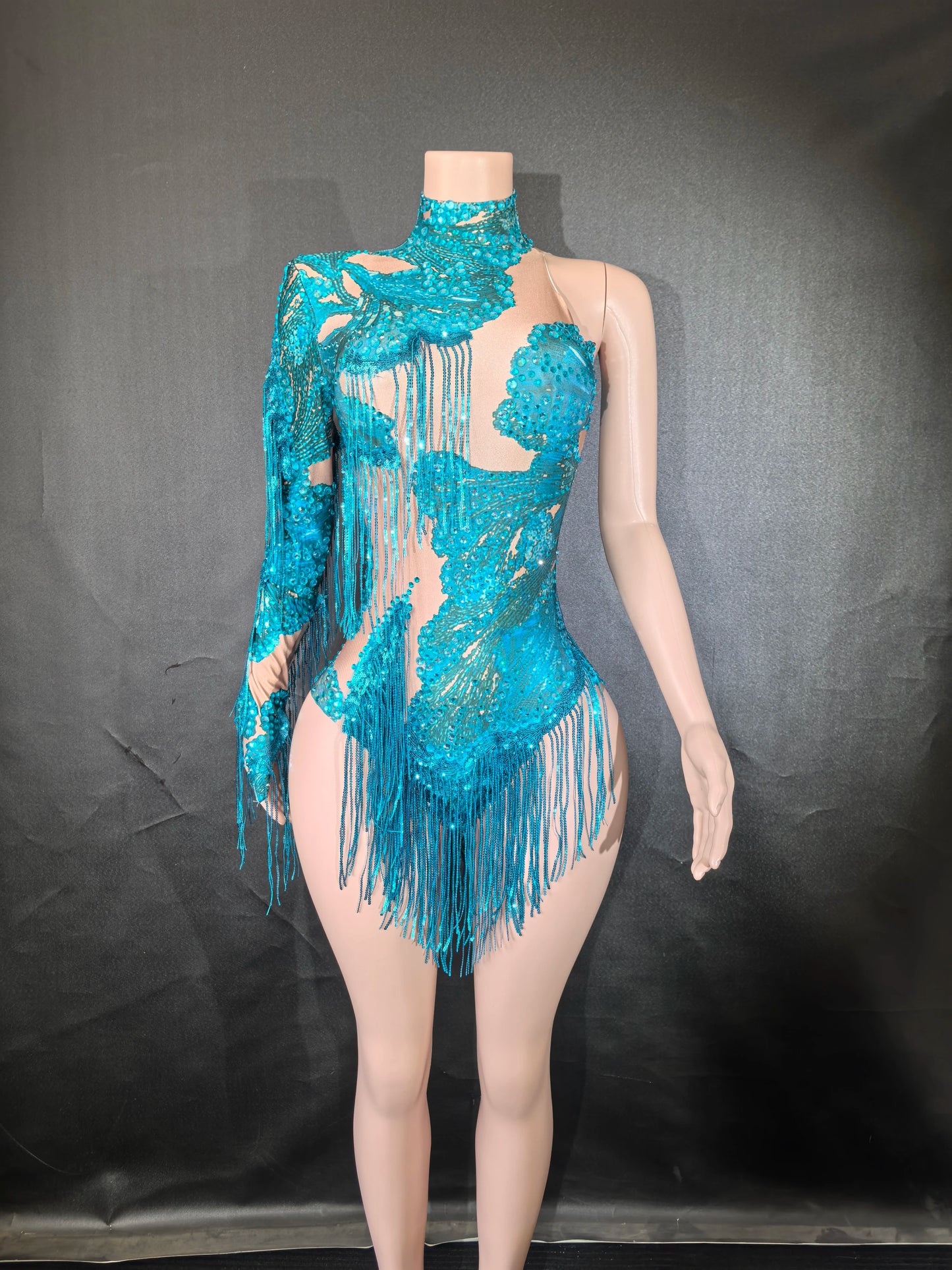 Sexy Blue Rhinestone Skinny Leotard – One-Shoulder Fringe Dance Costume for Singers & Dancers