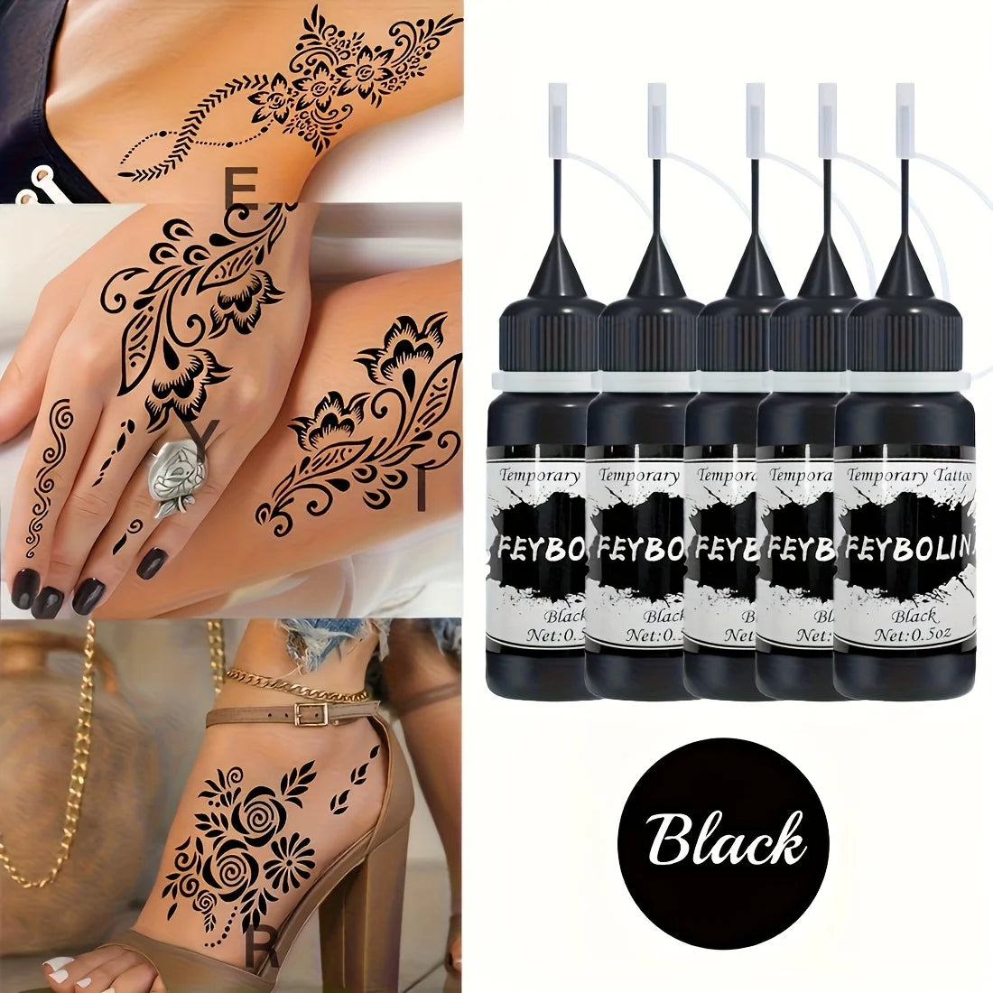 Long-Lasting Black Henna Temporary Tattoo Gel – Multi-Pack Body Art for Festivals, Parties & Role Play (1/3/5pcs)