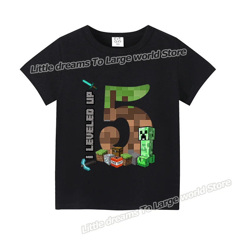 Miner Crafting Birthday Number T-Shirt – Cartoon Summer Short Sleeve Tops for Boys Party Gift