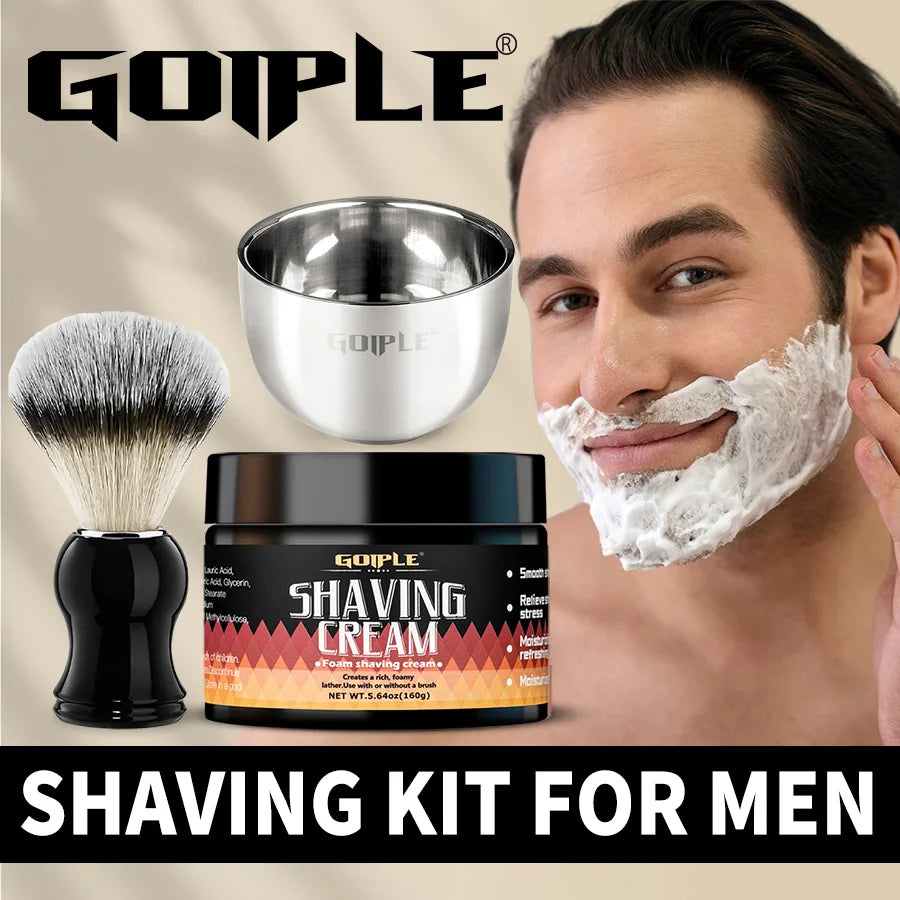 GOIPLE Shaving Cream for Men – Stainless Steel Foaming Bowl & Shaving Brush, Men’s Facial Cleansing Product for Manual Shave