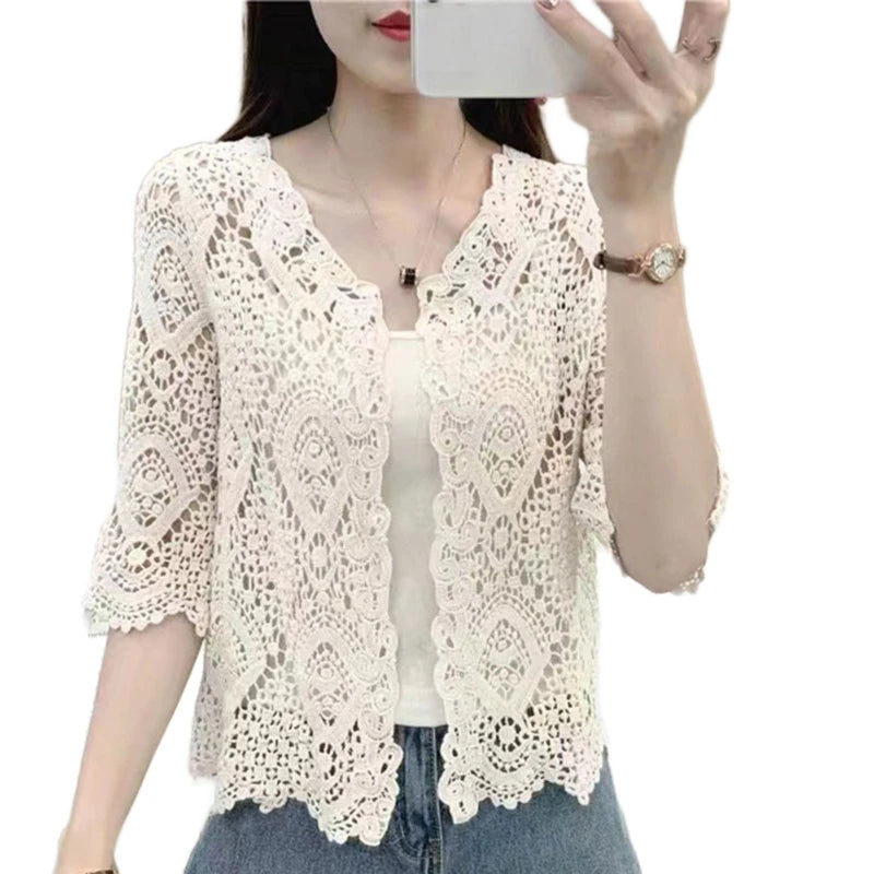 Women's Knit Lace Shrug – Hollow Crochet Floral 3/4 Sleeve Open Front Crop Cardigan F3MD