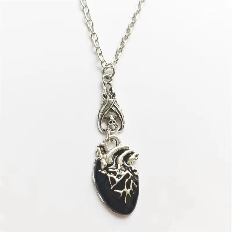 Gothic Vampire Bat & Bloody Heart Pendant Necklace – Pagan Witch Jewelry, Anatomy Heart Halloween Accessory Gift
