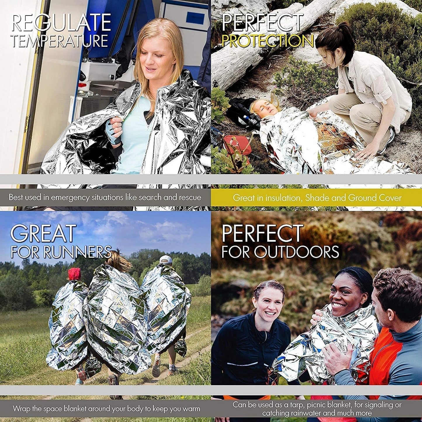 4pcs Emergency Mylar Thermal Blankets - Foil Space Blankets, NASA-Designed Body Warmers, Ideal for Outdoor, First Aid, Camping, Hiking, and Travel