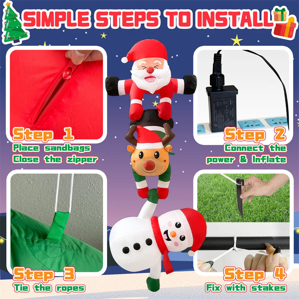 2.4M Inflatable Christmas Climbing Santa Claus β With Reindeer & Snowman, Built-in LED for Outdoor Roof, Tree, and Yard Party Decor