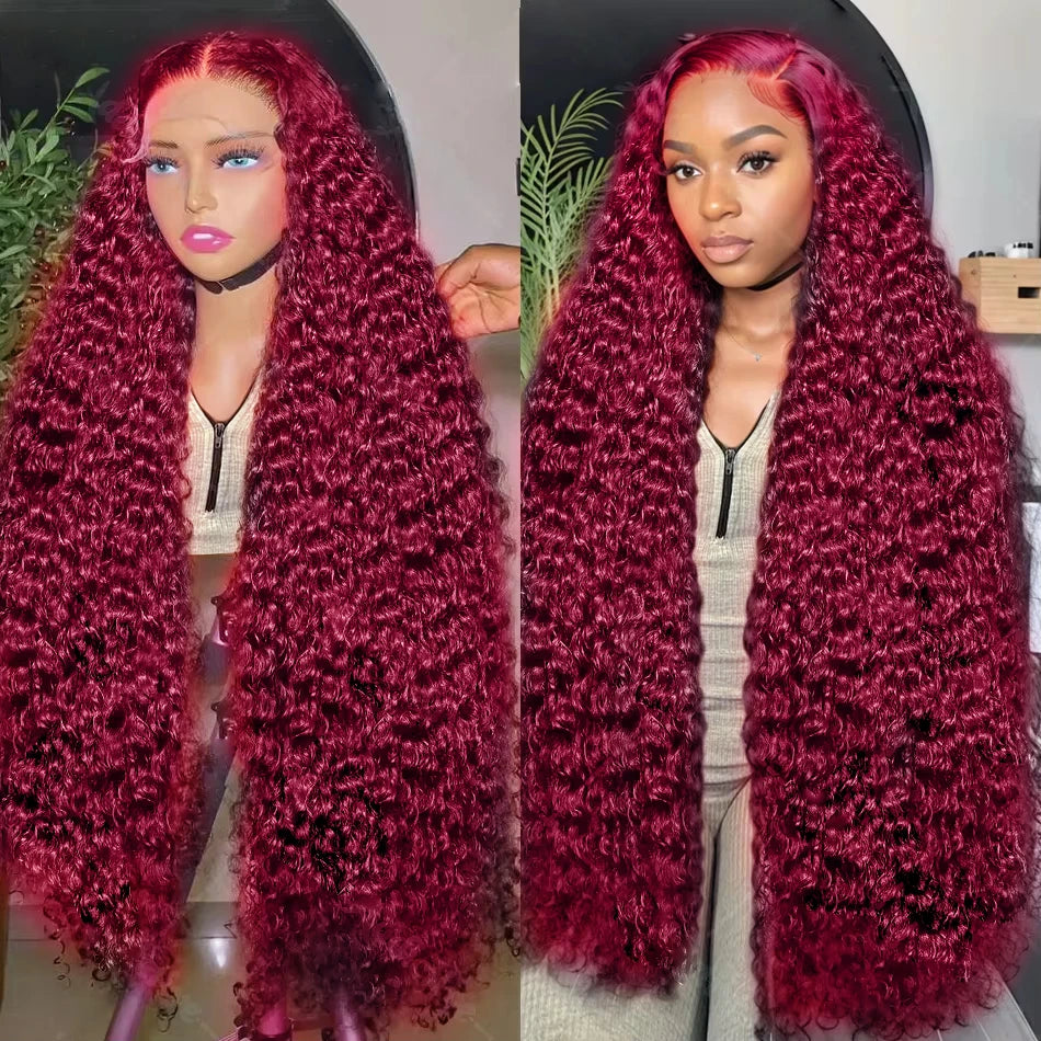 Deep Wave 99J Burgundy Lace Front Wig β 13x6 Lace Frontal Human Hair Wig, 13x4 Transparent Brazilian Colored Water Wave Wig