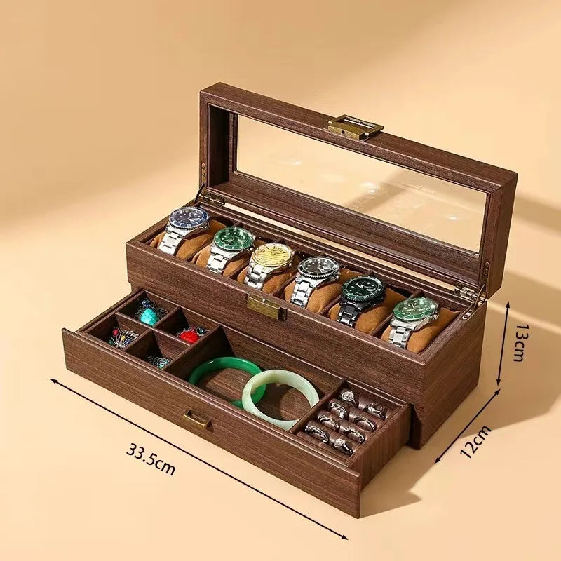 DELESYS Retro Wood Grain Leather Watch Box — Creative Storage Case for Watches, Glasses & Accessories, Gift Box