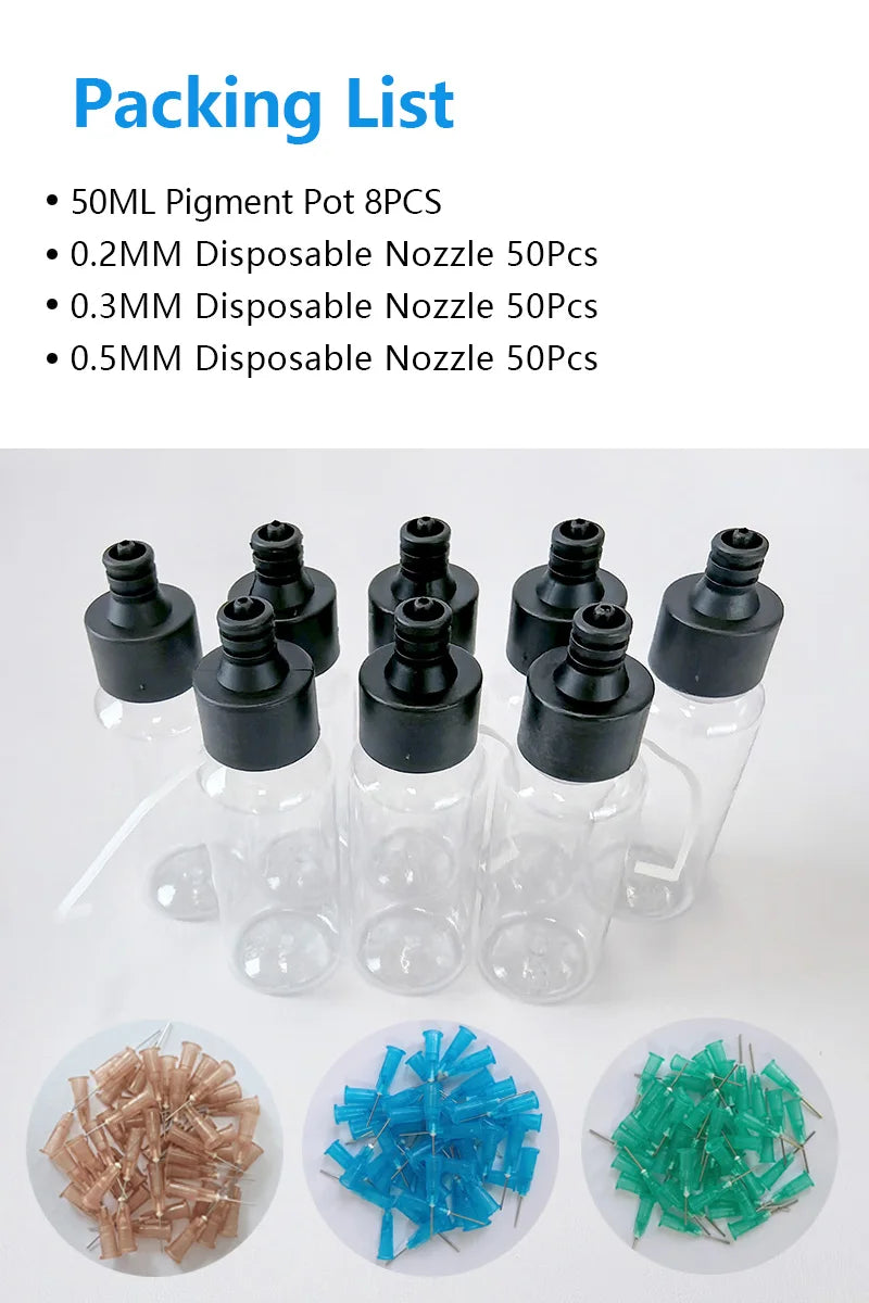 SHANGSE Airbrush Kit – 8pcs 50ml Paint Bottles & No-Clean Disposable Nozzles (0.2mm/0.3mm/0.5mm)