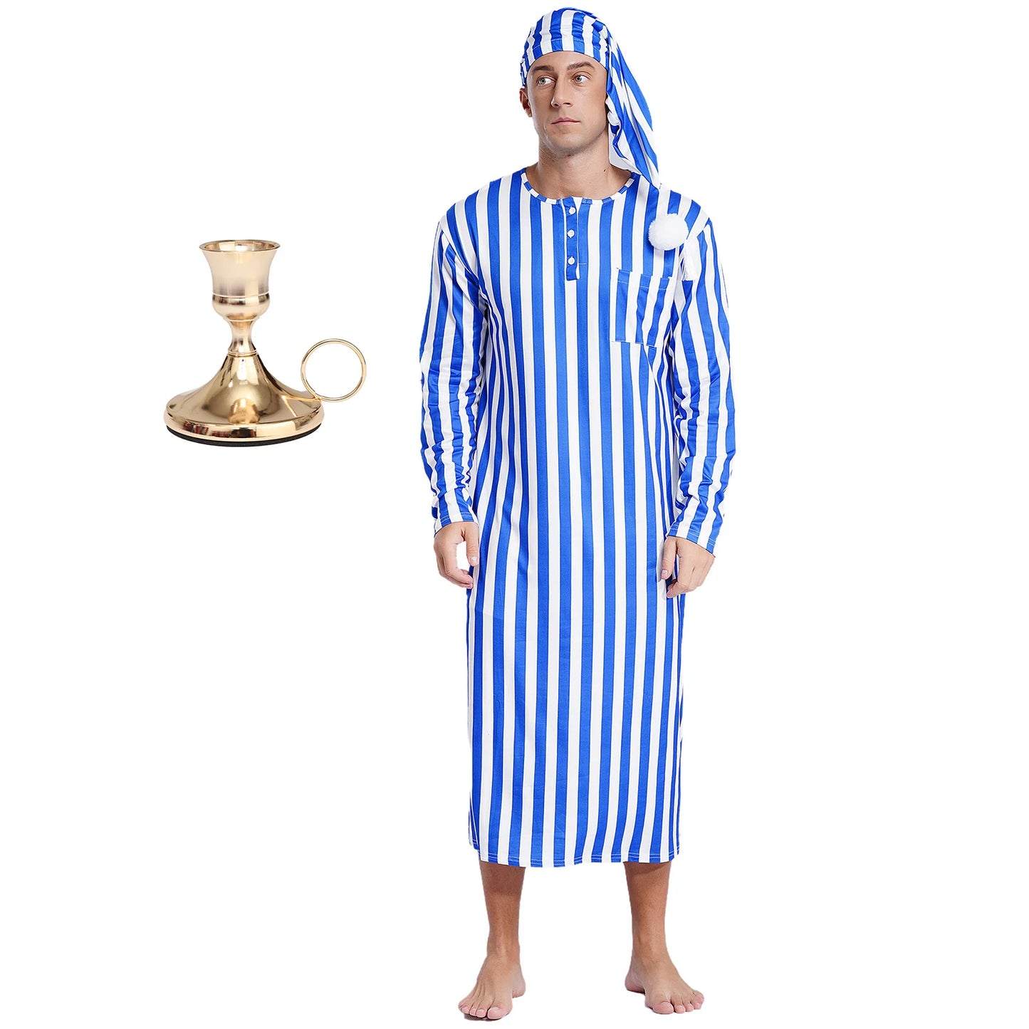 Men's Striped Pajama Set - Soft Loose Long Sleeve Sleepwear with Nightcap for Christmas & Halloween
