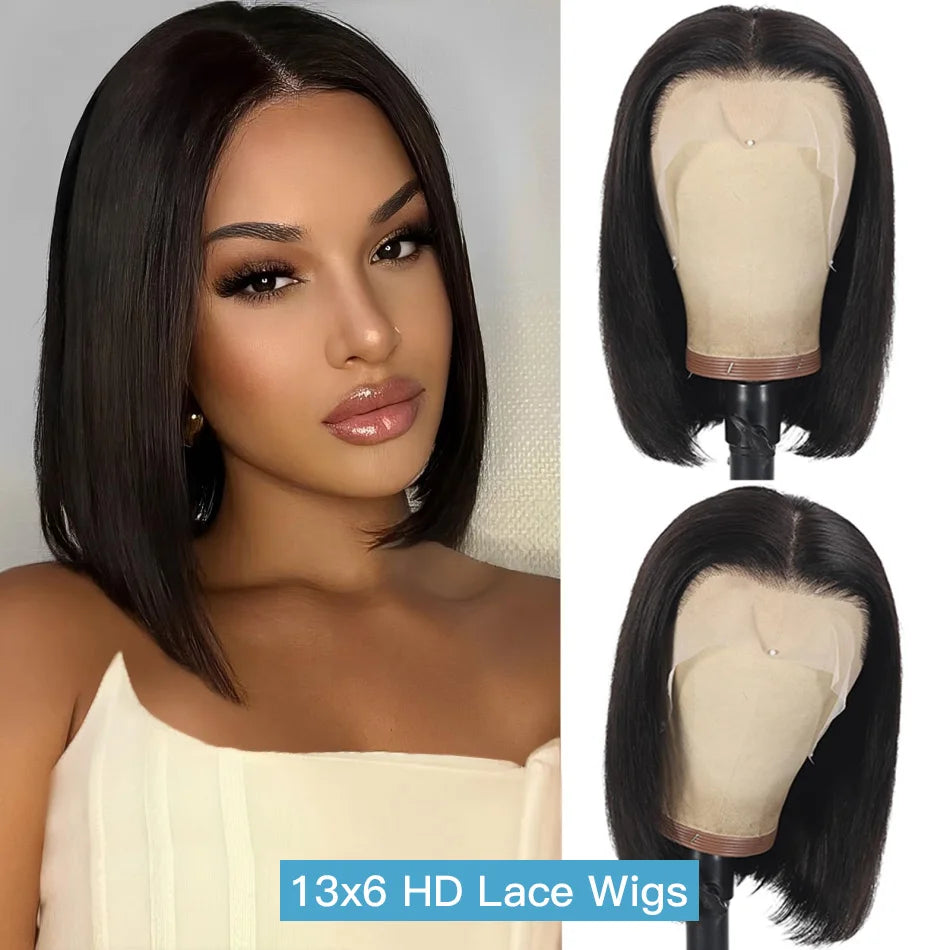 Bob Wigs 13x6 Lace Front Human Hair — 220 Density Short Straight Brazilian Closure HD Transparent Lace Frontal for Women