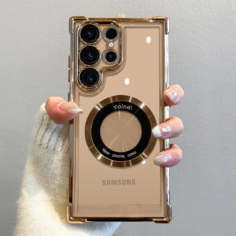 Samsung Galaxy S25 S24 Ultra S23 FE S22 Plus Magnetic Wireless Charging Clear Shockproof Plating Case with Camera Protection