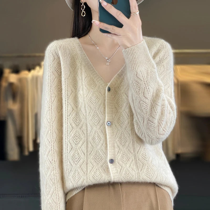 Women's 100% Wool Cashmere Cardigan β V-Neck, Super Soft, Loose Fit, Long Sleeve Knit Sweater