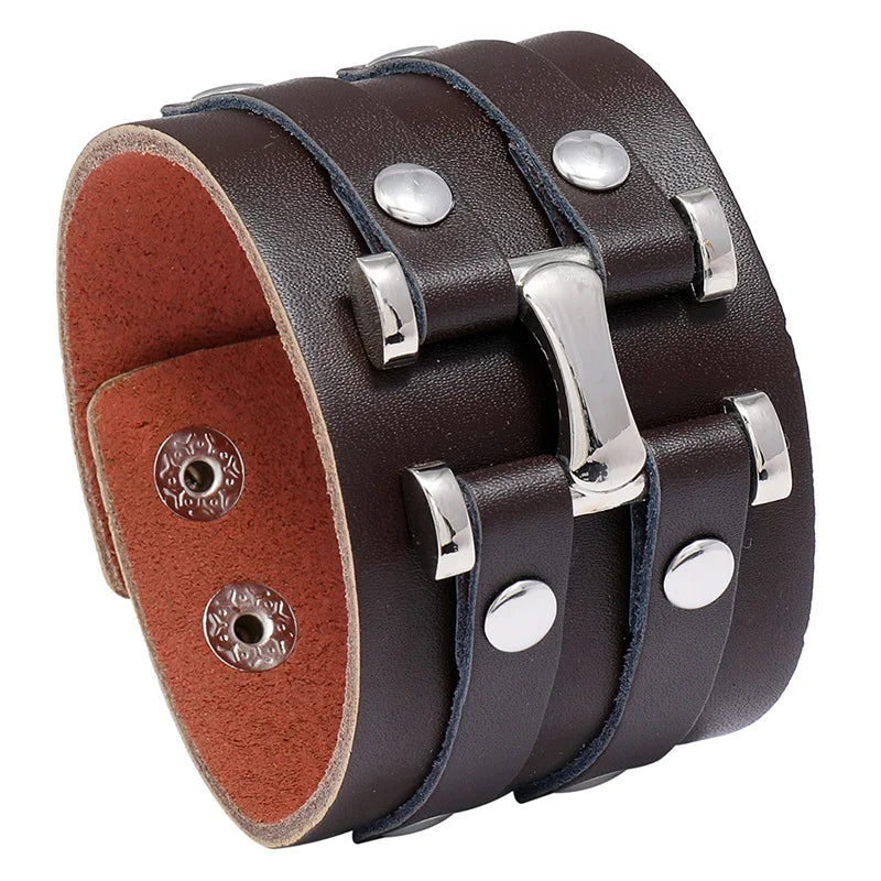 New Vintage Leather Wristband Bracelet – Gothic Punk Cuff with Concealed Buckle, Adjustable Metal Armbands for Men