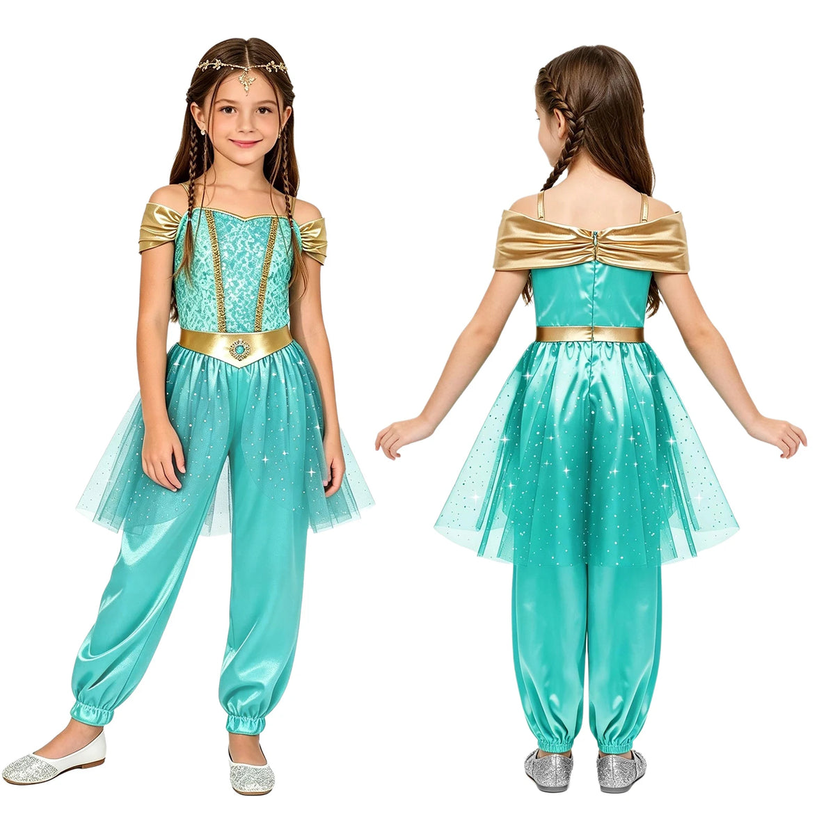 Girls Arabian Princess Costume - Metallic Sequin Bodice Tulle Satin Jumpsuit for Halloween, Carnival & Dance Performances