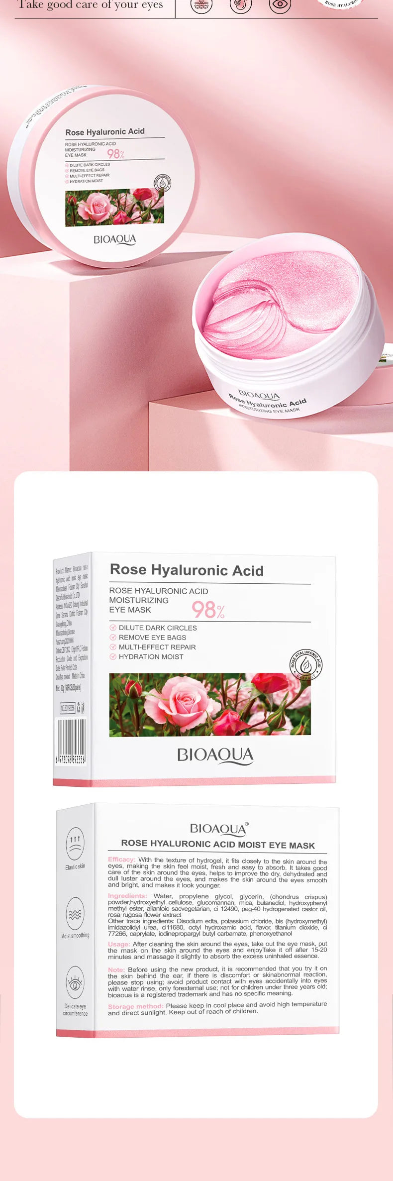 60PCS BIOAQUA Rose Hyaluronic Acid Eye Masks – Anti-Dark Circles, Eye Bags, Moisturizing & Firming Skincare Patches