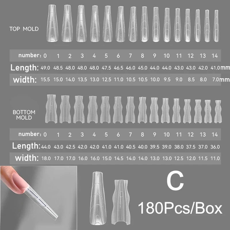 180pcs Sandwich Dual Nail Forms – 15 Sizes Coffin & Almond Nail Extension Molds for Manicure, Top & Bottom Forms