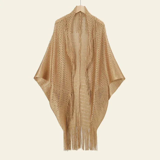 Evening Lace Sheer Shawl Scarf – Hollow Tassel Glitter Gold & Silver Thread Thin Long Sunscreen Wrap for Women Party Dresses