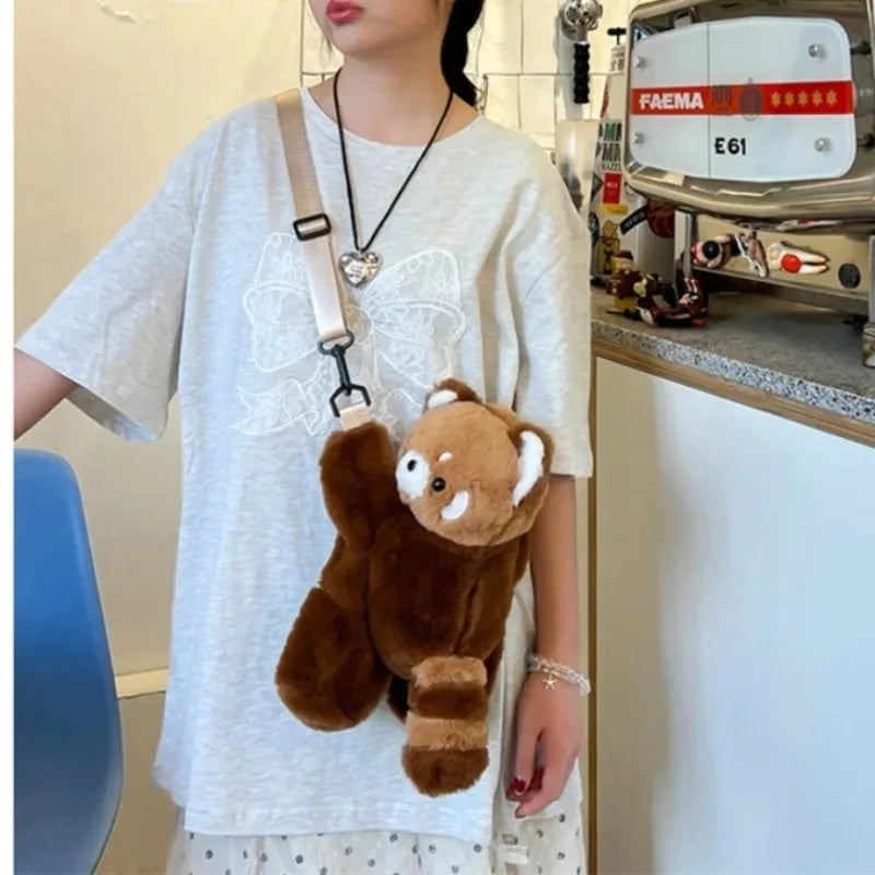 Red Panda Plush Backpack, Cute Plushie Doll Crossbody, Soft Fur Shoulder Bag for Women, Camping, Travel, Party, Birthday Gift
