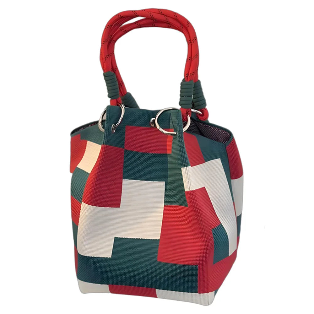 Women’s Color Block Knit Tote Bag – Bucket Style Storage Bag with Adjustable Straps, Metal Rings, Snap Closure for Casual Travel