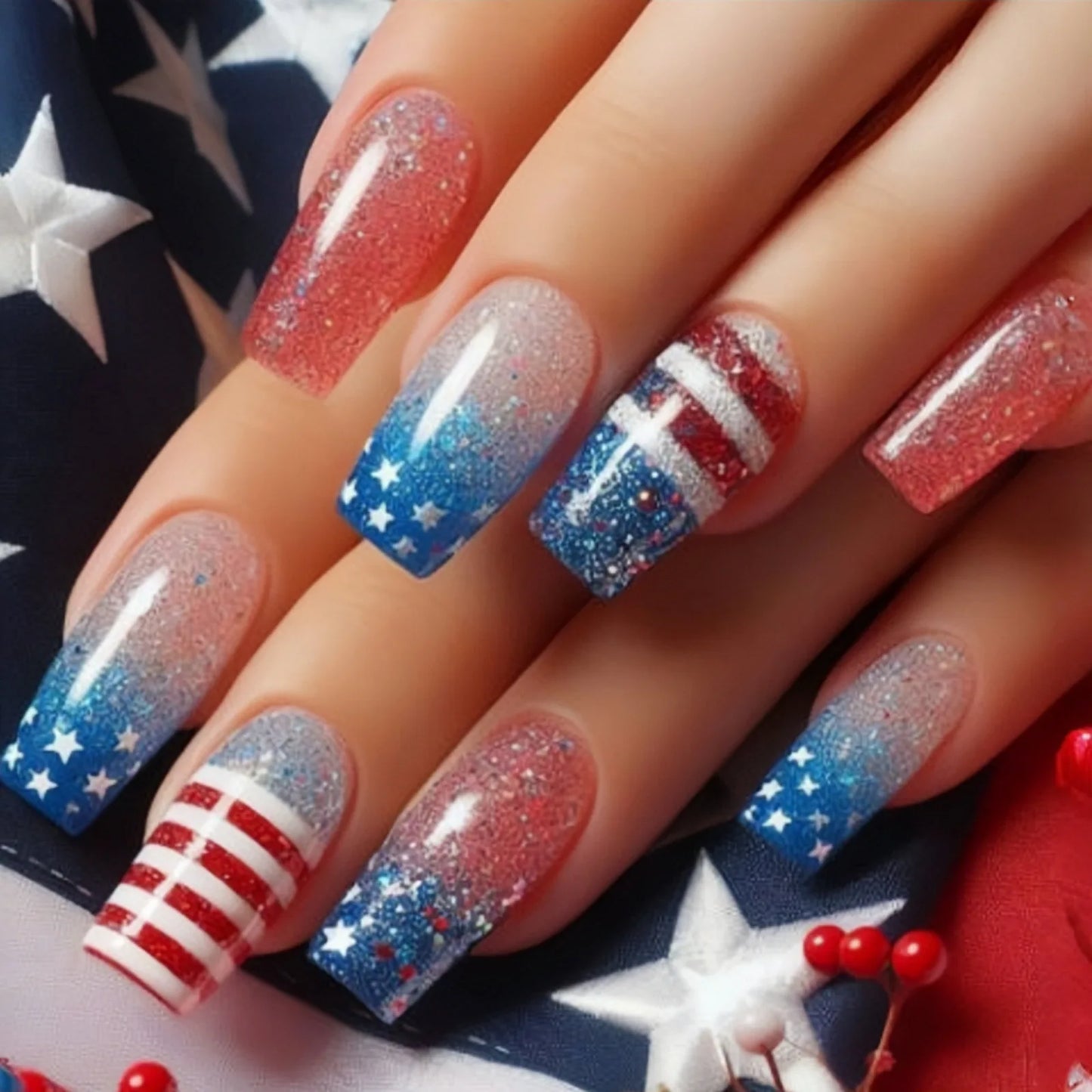 24PCS Star Design Press On Nails - American Red Blue Stripe Gradient Acrylic False Nail Tips for Stylish Nail Art