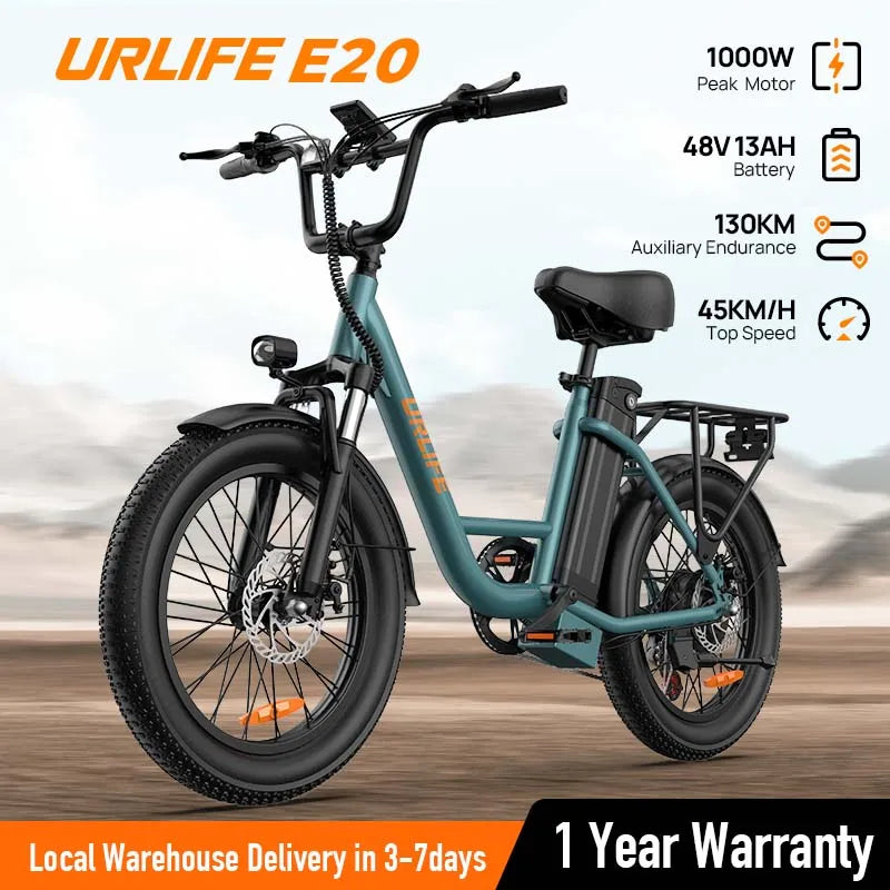 URLIFE E20 1000W Electric Bike – 48V 13Ah Removable Battery, 28MPH Fat Tire E-Bike with 7-Speed & Dual Disc Brakes