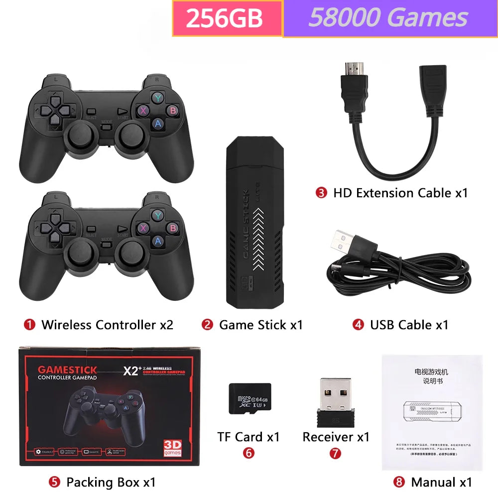 GD10 Plus 4K Game Stick Console – 256G, 58,000 Games, Dual 2.4G Wireless Controllers for N64/PSP/PS1/GBA