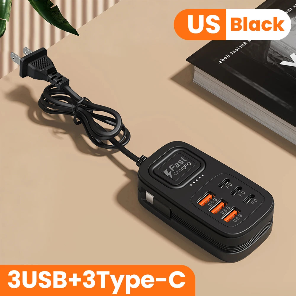 6-Port USB-C Charging Station – Fast-Charging Desktop Power Strip with 3 USB-C Ports, 3 USB-A Ports, and EU/UK/US Plug Options
