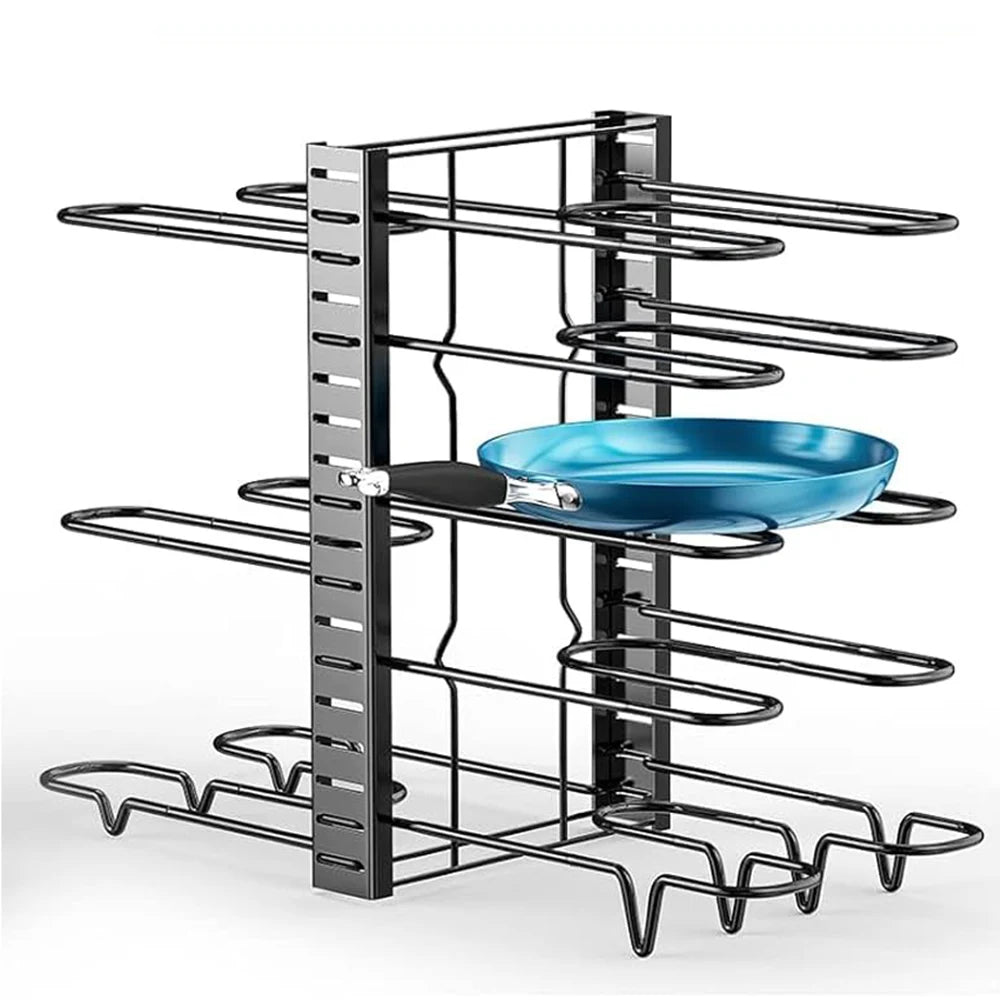 Adjustable 8-Tier Pan Pot Organizer Rack: Space-Saving Kitchen Cabinet Storage - DIY Methods for Pots, Pans, and Lids