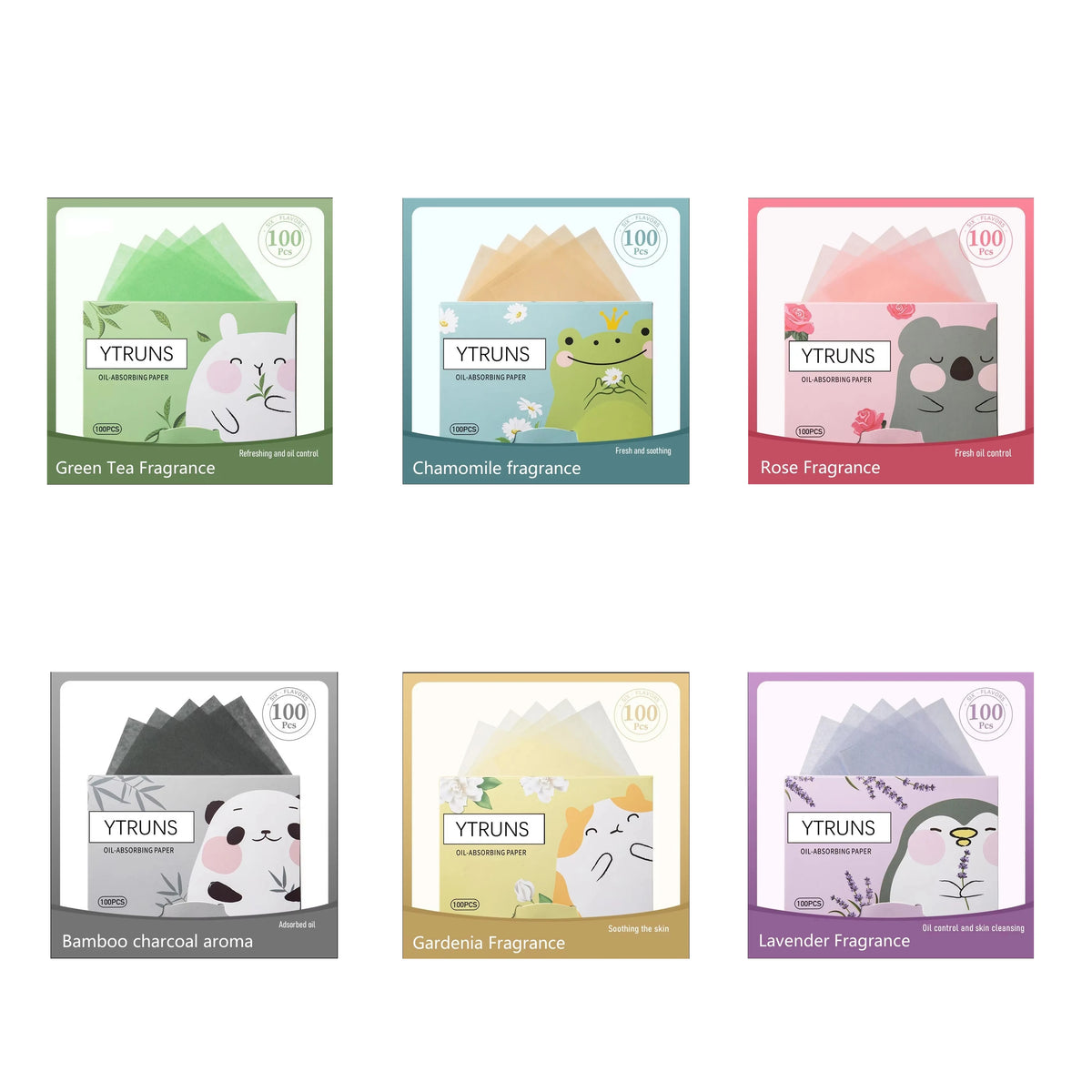 100pcs Fragrance Oil-Absorbing Face Paper - Green Tea, Gardenia, Chamomile, Lavender, Rose & Bamboo Charcoal Blotting Sheets