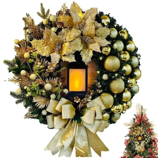 40cm Christmas Wreath with Lantern β Front Door Garland with Large Bow, Seasonal Holiday Ornament for Wall & Door Decor