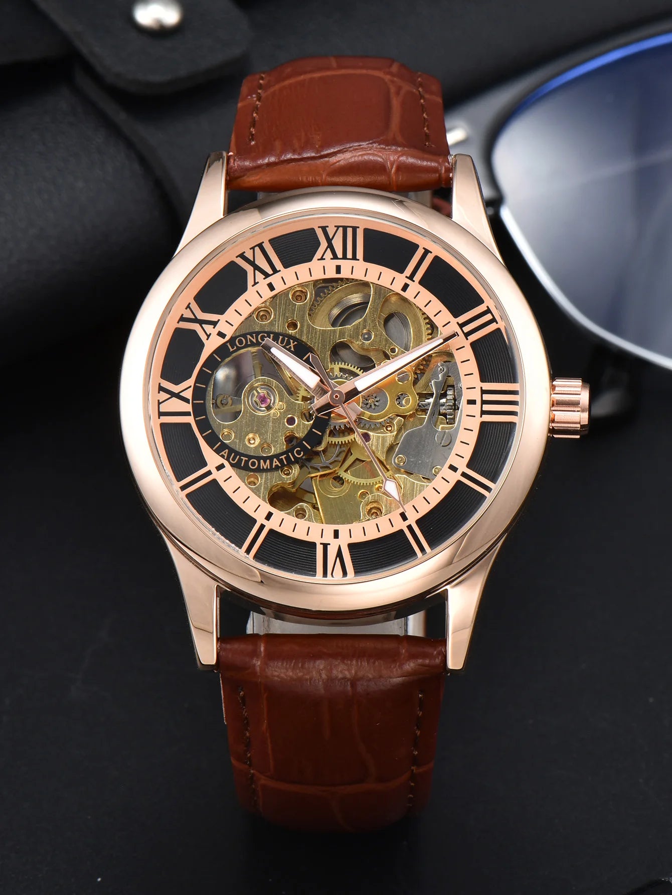 LONGLUX Rome Automatic Mechanical Waterproof Men’s Watch – Hollow Dial Leather Wristwatch Gift