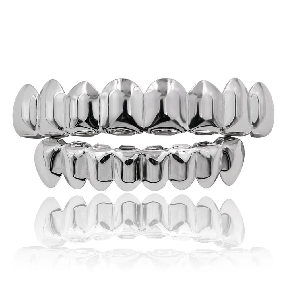 Glossy Teeth Grillz Set - Top & Bottom Anti-Slip Copper Dental Caps Gold Silver Halloween Jewelry Accessory